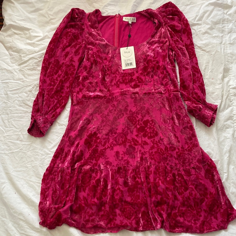 NWT Hale Bob Fuchsia Burnt Velvet Silk Blend Dress whimsical romantic Y2K 60's - Picture 2 of 11